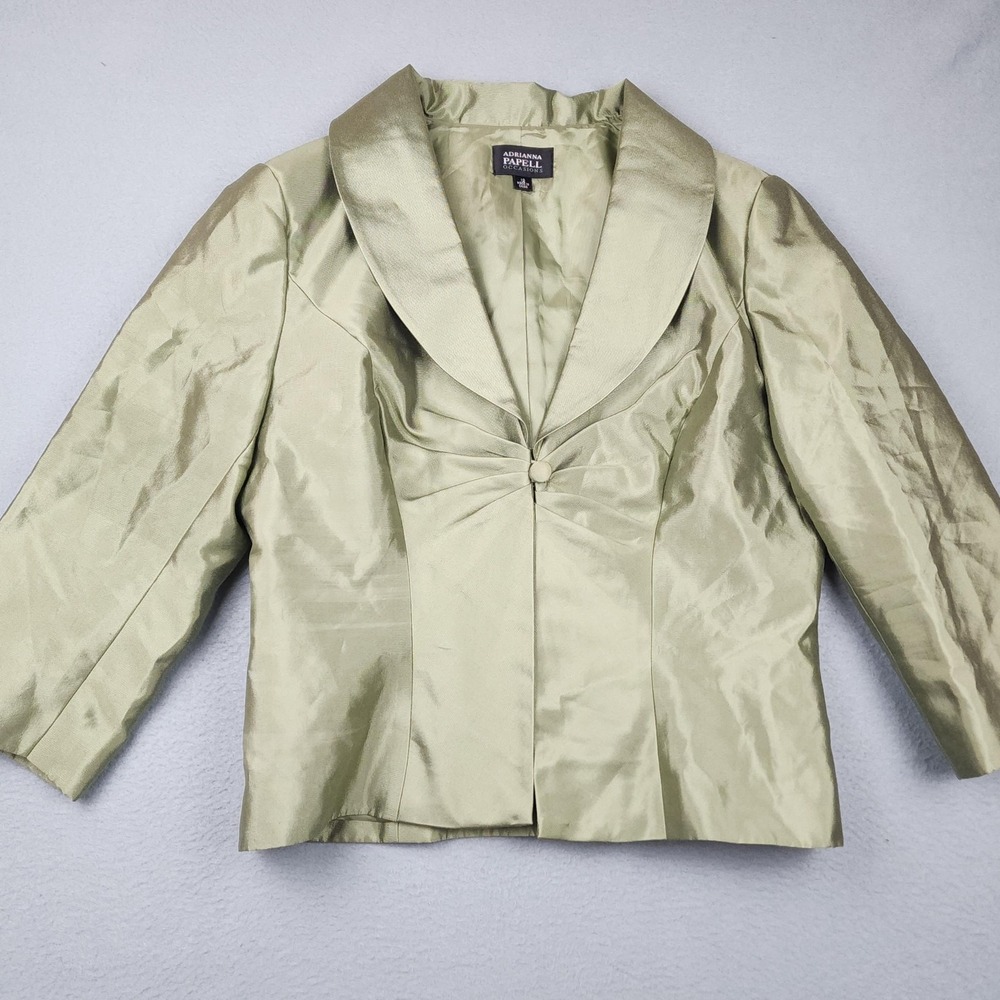Adrianna Papell Jacket Womens 12 Green Silk Blend Shawl Collar Dressy Formal